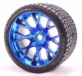 SRC MOUNTED ROAD CRUSHER BELTED TIRES CHROME BLUE FOR 17MM FRONT OR REAR, x 2