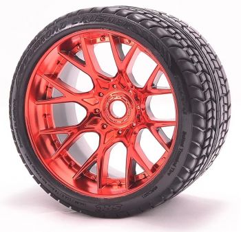 SRC MOUNTED ROAD CRUSHER BELTED TIRES CHROME RED FOR 17MM FRONT OR REAR, x 2