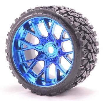 SRC Mounted Dirt Crusher All Terrain belted Tires Chrome Blue for 17mm Front or Rear, x 2