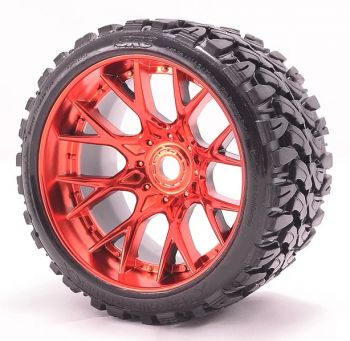 SRC MOUNTED DIRT CRUSHER ALL TERRAIN BELTED TIRES CHROME RED FOR 17MM FRONT OR REAR,  x 2